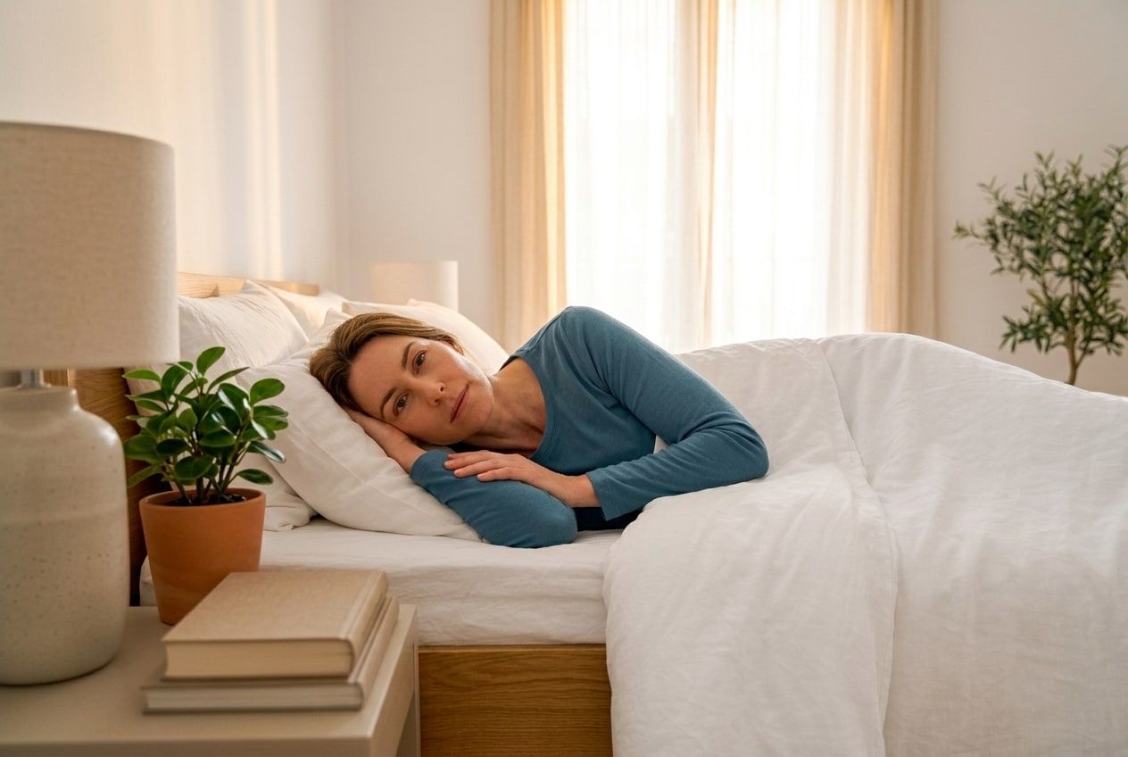 Mujer tumbada en la cama, despierta