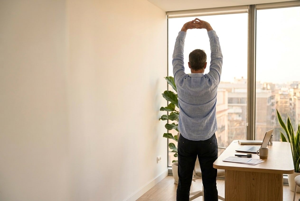 Hombre de espaldas estirando los brazos junto a la ventana de su despacho